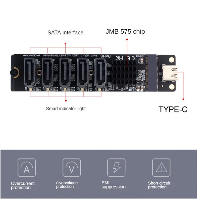 TYPE-C To 5 Port SATA3.0 Adapter Card Riser Card JM575+JMS580 SATA3 6Gbps USB10G Chassis Server PC Computer Expansion