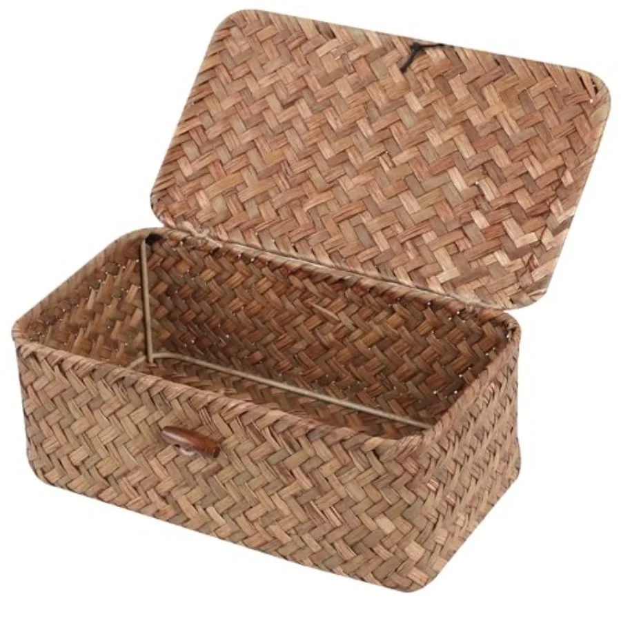 FEIALNDUO Paniers de rangement rectangulaires en osier avec couvercle, en jonc de mer tissé à la main pour étagères, bureau, ma