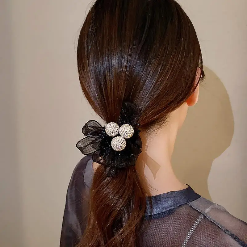 

Premium Organza Bow Hair Elastic Rhinestone Bead High Elasticity Non Slip Ponytail Holder for Women Daily Simple Chic Black