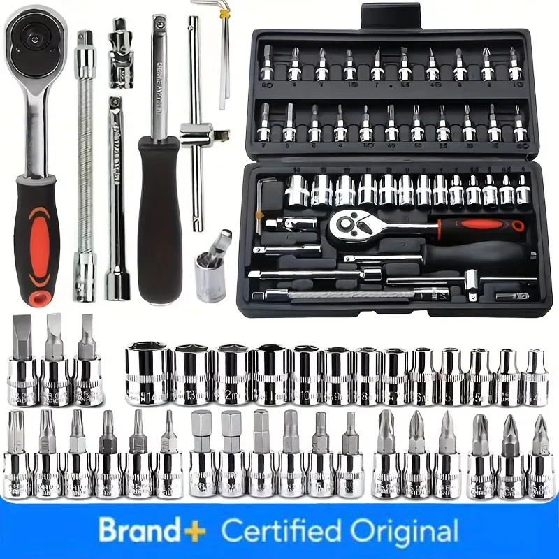 Dopsleutelratelsleutelset met bit, metrisch en verlengstuk voor autoreparatie, 46-delig, 1/4 inch Amagi
