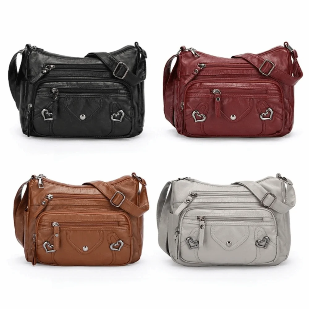 PU Leather Crossbody Bag Large Capacity Adjustable Strap Mom Messenger Bag Multi Layer Zipper Closure Fashion Handbag Travel Use