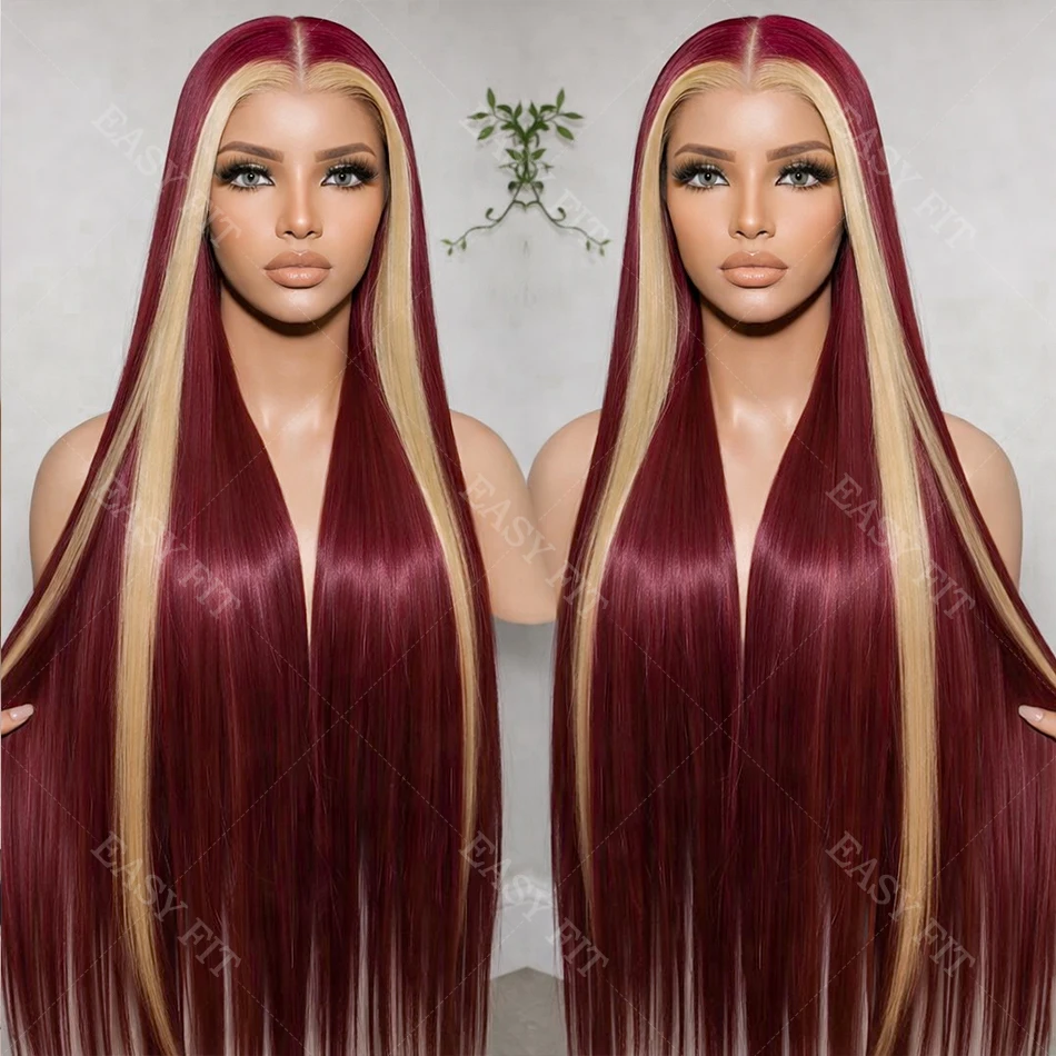 

180% Density Lace Front Brazilian Human Hair Wig 13x4 Bone Straight HD Lace Frontal Wig 99J/613 Burgundy Colored Pre Plucked Wig