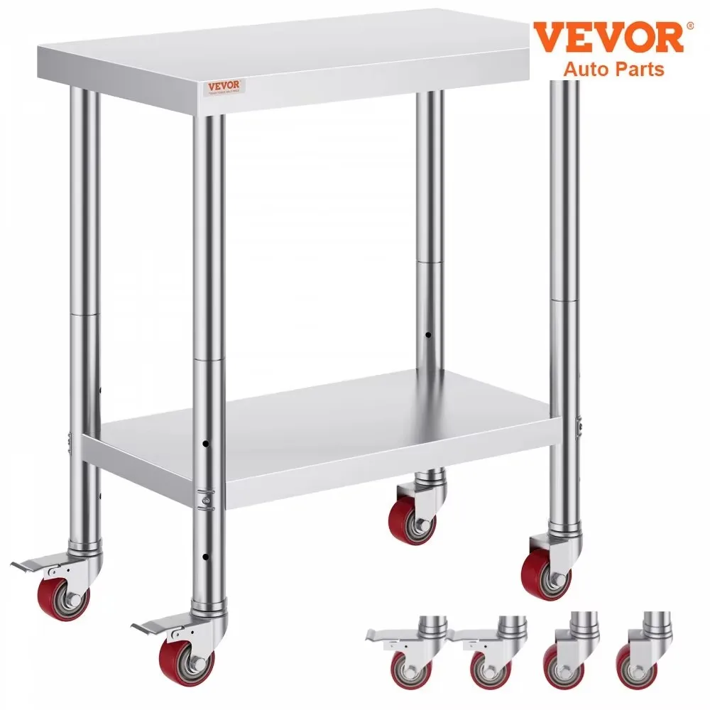 VEVOR Stainless Steel 700lbs Kitchen Worktable with 4Caster Wheels Shelves Commercial Work Bench Table for  Restaurant Storage