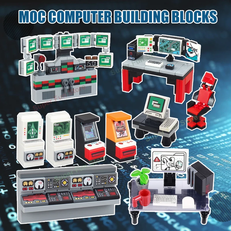 

MOC City Computer Building Blocks Gaming Desk Screen Control Center Esports Monitor Workstation Console Accessories Bricks Toy