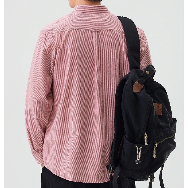 Men's Spring Summer Striped Shirts Long Sleeve Japanese Style Casual Button Down Shirt Vintage Turn-down Collar Male Tops