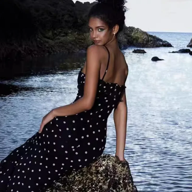 الصيف الاتجاه مائل الرقبة فستان المرأة منقطة طباعة السباغيتي حزام نحيل أنيق كلوبوير ماكسي Bodycon Vestidos