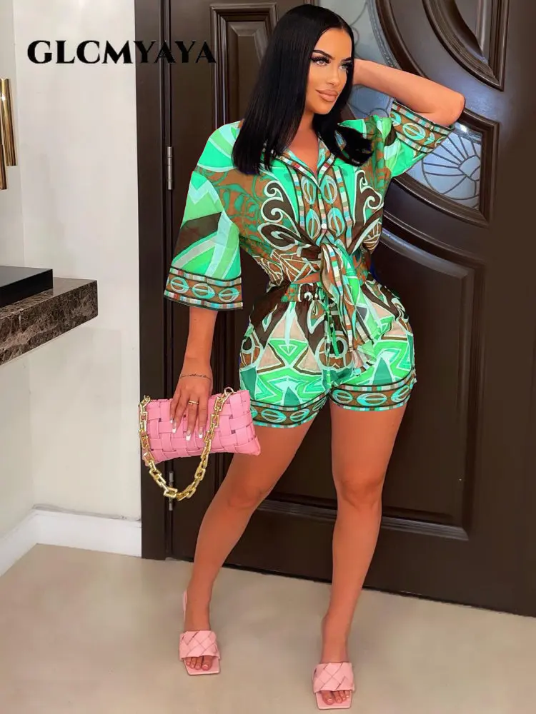 GLCMYAYA Chic Paisley Women's Set Single Breasted Half Sleeve Shirt Shorts Suit 2023 Vintage Two 2 Piece Set Outfit Tracksuit