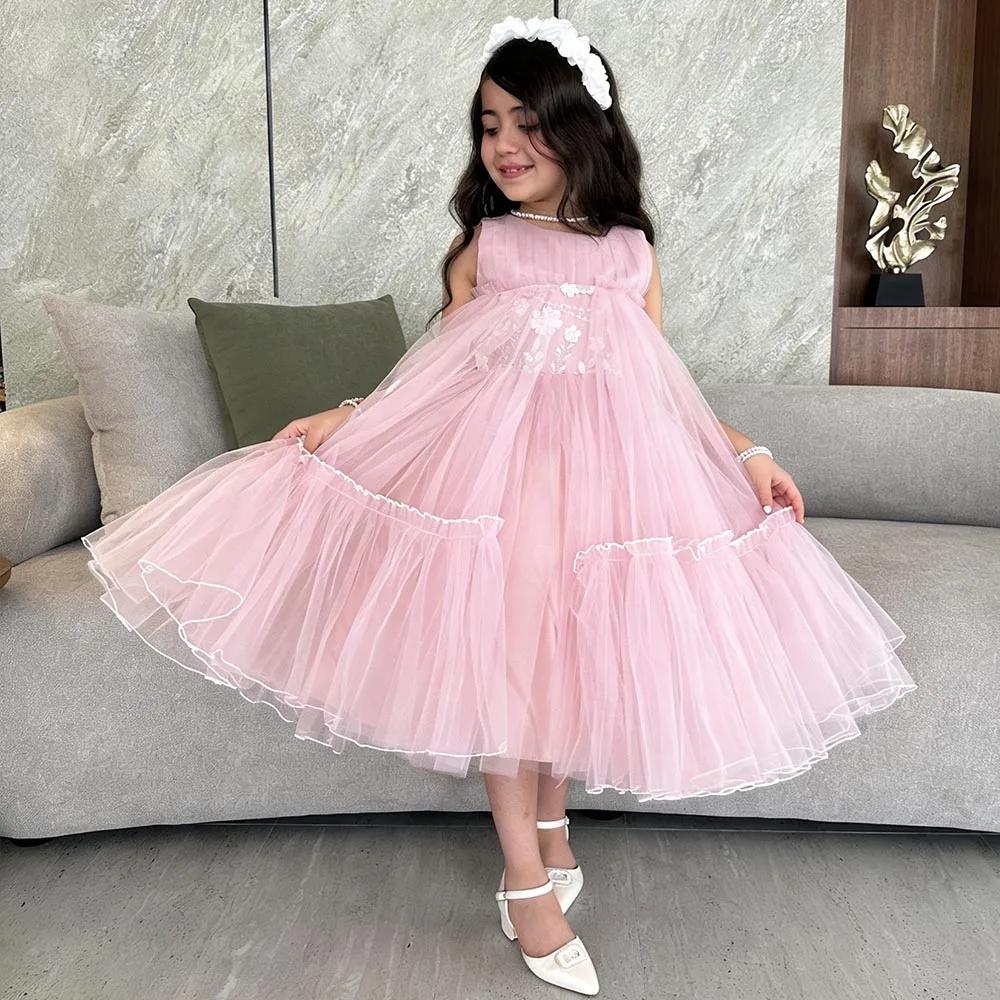 

Розовые пышные платья с цветочным узором для девочек, платье с круглым вырезом для девочек, элегантное платье на день рождения, платье принцессы без рукавов для девочек, детские платья А-силуэта