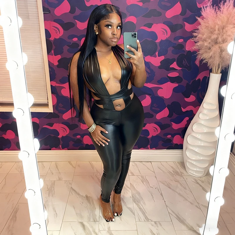 

CUTENOVA женское осеннее новое поступление, кожаный комбинезон с лямкой на шее и завязками на шее, с открытой спиной и девятью очками, шикарная уличная одежда