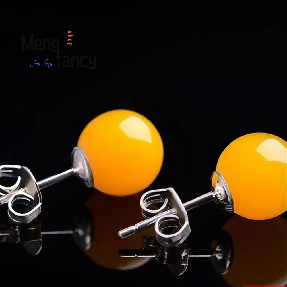 

Amber And Beeswax Earrings, Chicken Oil Yellow Old Honey Earrings, Women's S925, Silver Red Blood Amber Round Beads, Earrings