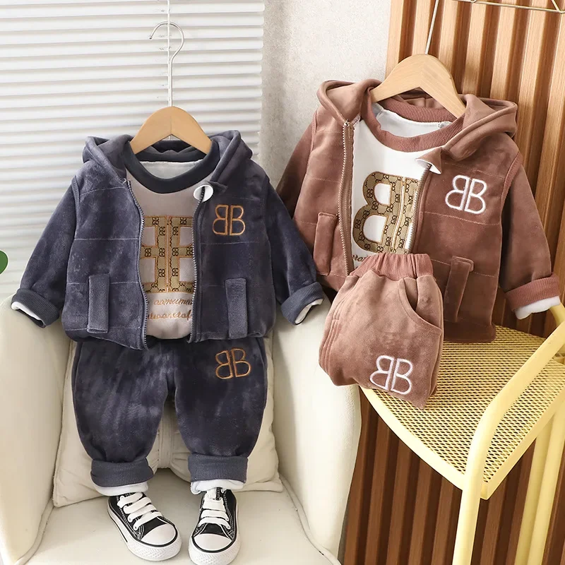 New Autumn Winter Warm Boys Girls Clothing Set Letter B Lined With Velvet Hooded Vest+ Shirt + Pants 3Pcs Suit For Kids