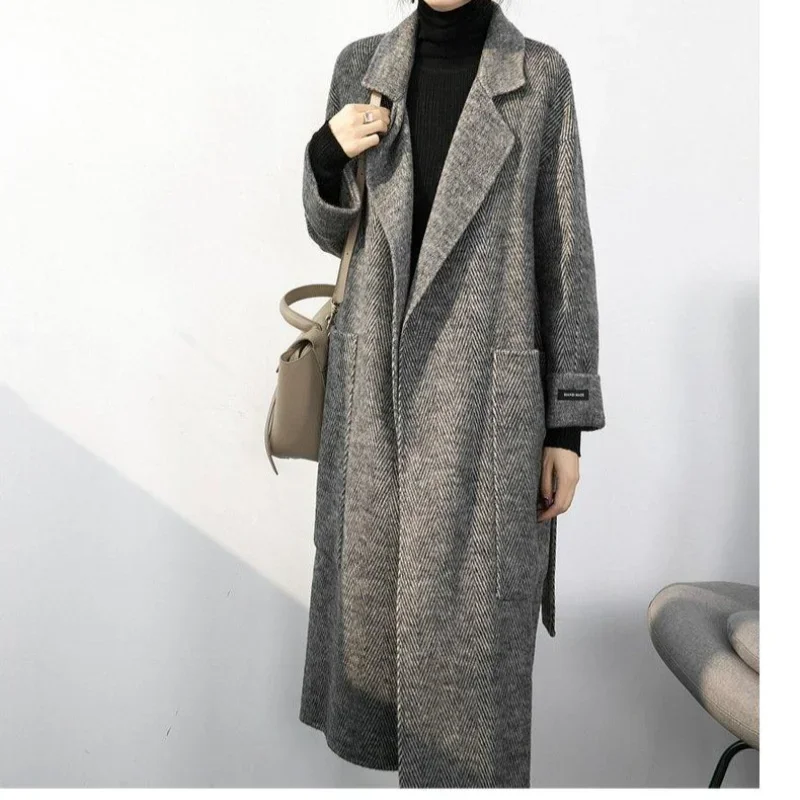 Herringbone High-end Sense Super Good-looking Double-sided Woolen Coat Medium and Long Thickened Retro Overcoat Women's Clothing