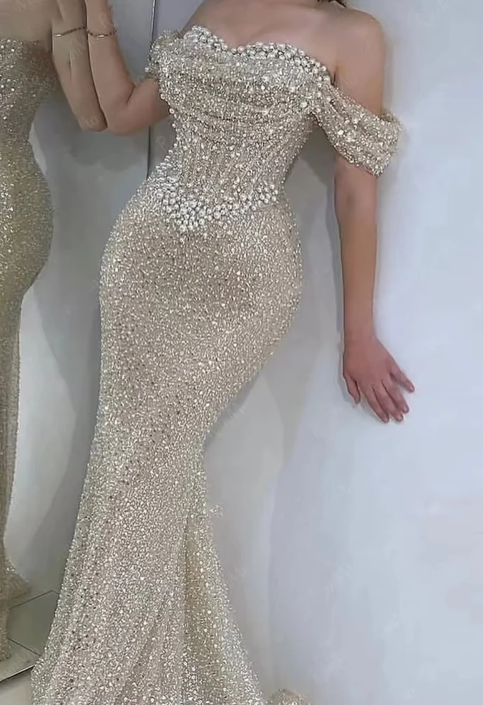 Robes de luxe en dentelle 3D avec perles, deuxième réception, épaules dénudées, paillettes, robes de soirée de bal de célébrité personnalisées