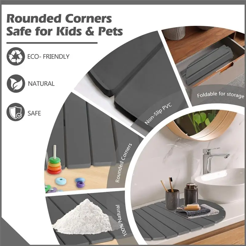 B62B Diatomaceous Earth Drying Mat, Super Absorbent Quick Drying Stone Mat for Kitchen Countertop, Foldable Dark Gray