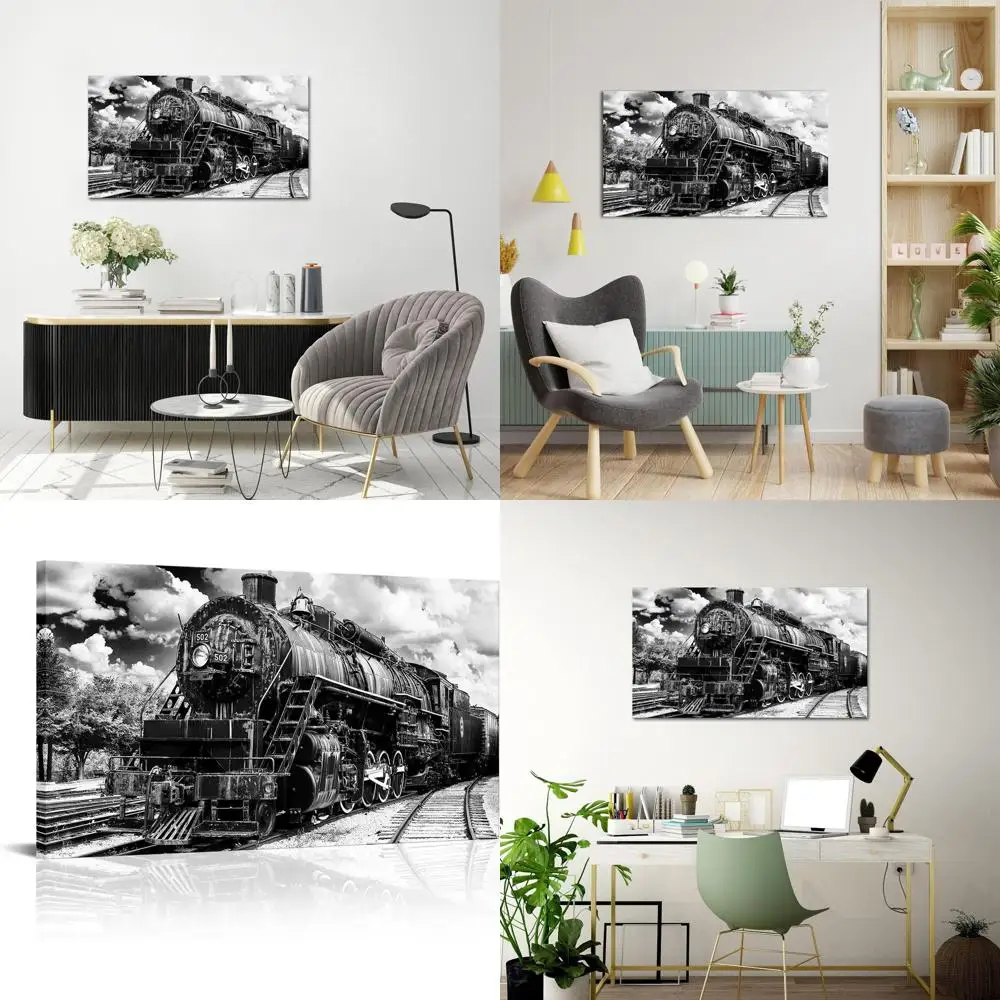 

Винтажная картина на холсте с паровым поездом — большая черно-белая картина с поездом для домашнего декора, 20x36