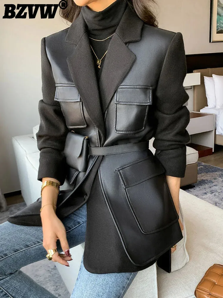 BZVW Fashion PU Leather Designer Blazer For Women Coat 2024 New Tide Belt Waist Retraction Temperament Office Lady Jacket Female