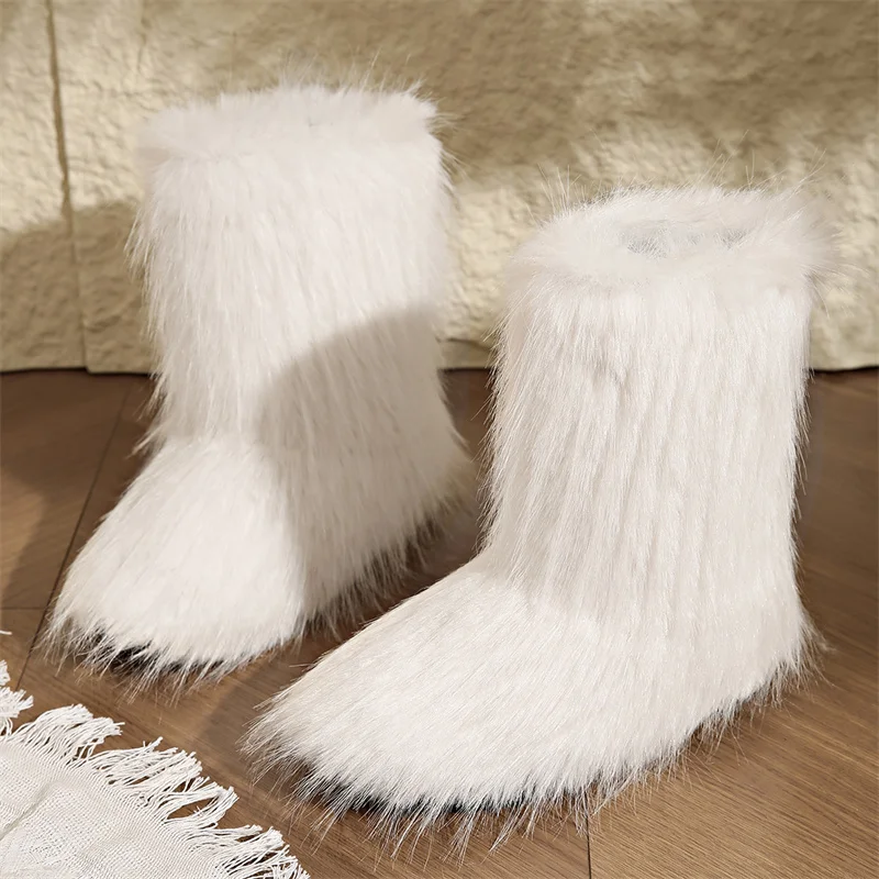 Women Fashion Snow Boots Warm Cotton Shoes Outdoor Luxury Furry Fur Fluffy Mid-calf Boots Winter Big Size 36-44 Low Heels Sleeve