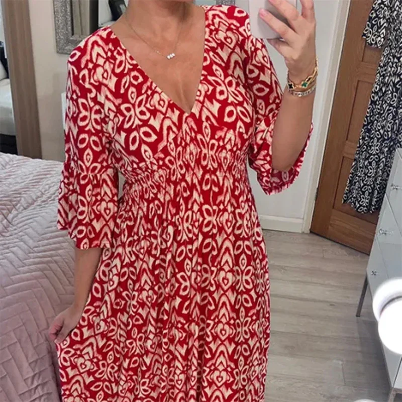 Summer Women's Casual Floral Dress Fashion V-neck Five-point Sleeve Waist Long Dress Seaside Holiday Beach Party Sundress