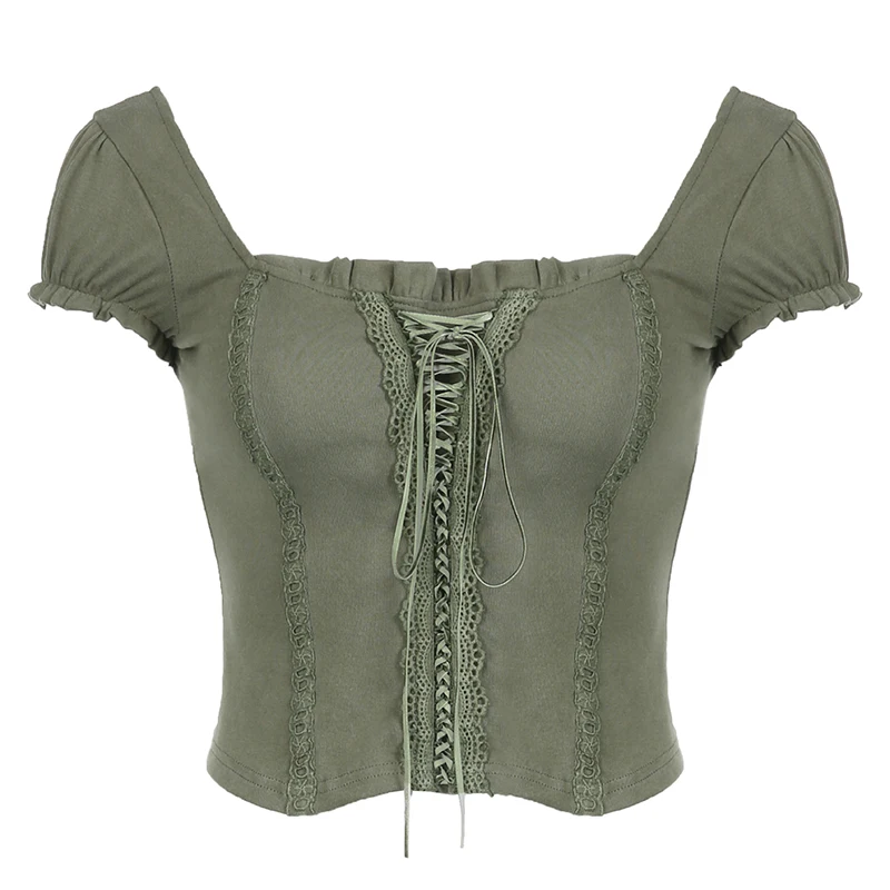 Green Lace-Up French T-Shirt Lace Splicing Square Neck Retro Top for Women