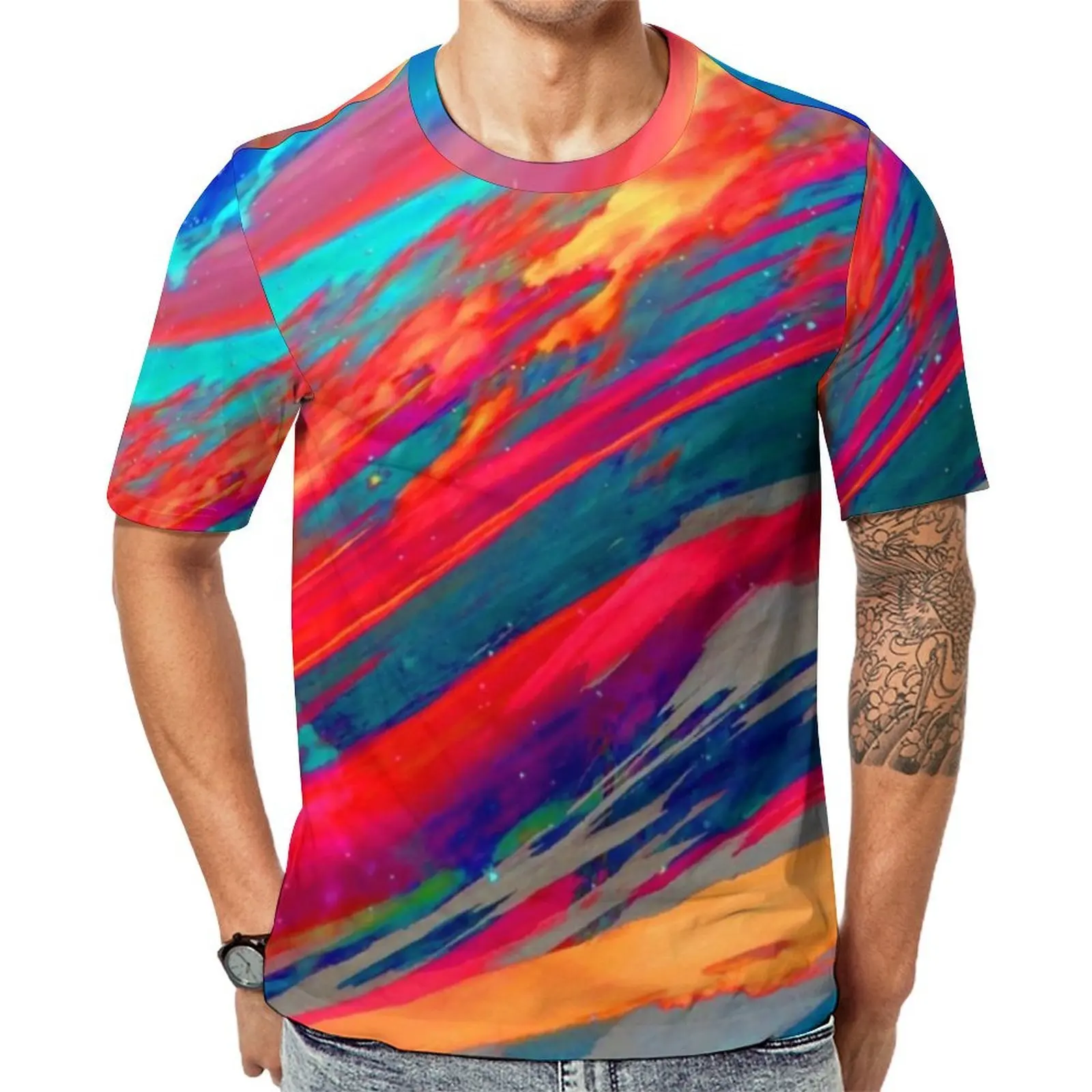 Premium T Shirt Abstract Sunset T Shirts Trippy Nebula Print Classic Tee Shirt For Male Short Sleeve Graphic Oversized Clothes