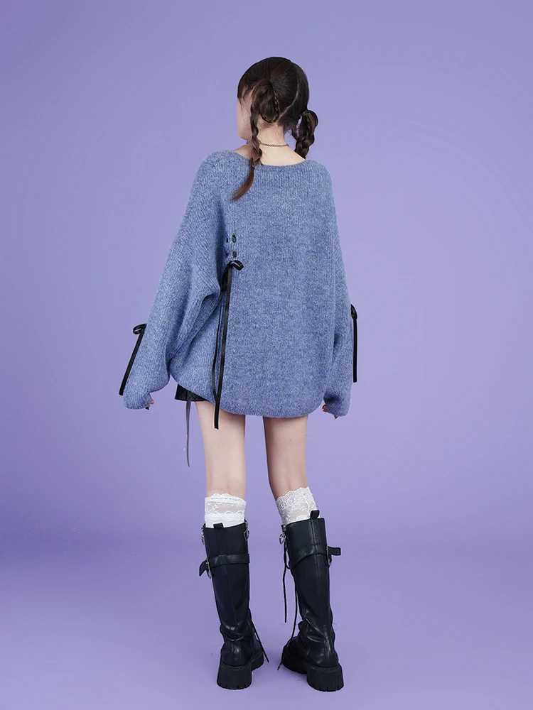 2023 New Autumn And Winter Japanese Style Sweet Cool Gray Blue Lace Bow O-Neck Sweater Loose Sliding All-Matching Knitwear Top