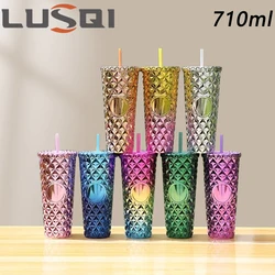 LUSQI 1pc New Creative Plastic Straw Cup 710ml/24oz Rivet Water Bottle With Straw Double Plastic Water Bottle Colorful Water Cup