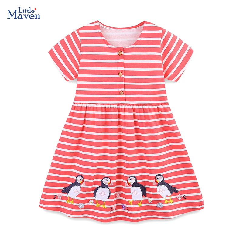 Little Maven Baby Mädchen 2026 Sommer Neues Kleid Freizeitkleider Cartoon Blumen Vögel Gestreifte Kleider für Kinderkleidung Baumwolle