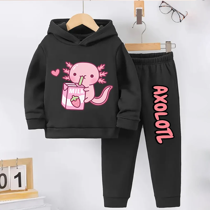 Cute Axolotl printed kids hoodie set black sweatshirt pants plus velvet 2-piece set for boys and girls