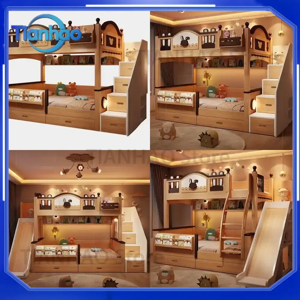 Solid Wood Tree House Bed for Children Bunk Bed with Independent Sleeping Spaces High Low Upper and Lower Beds for Small