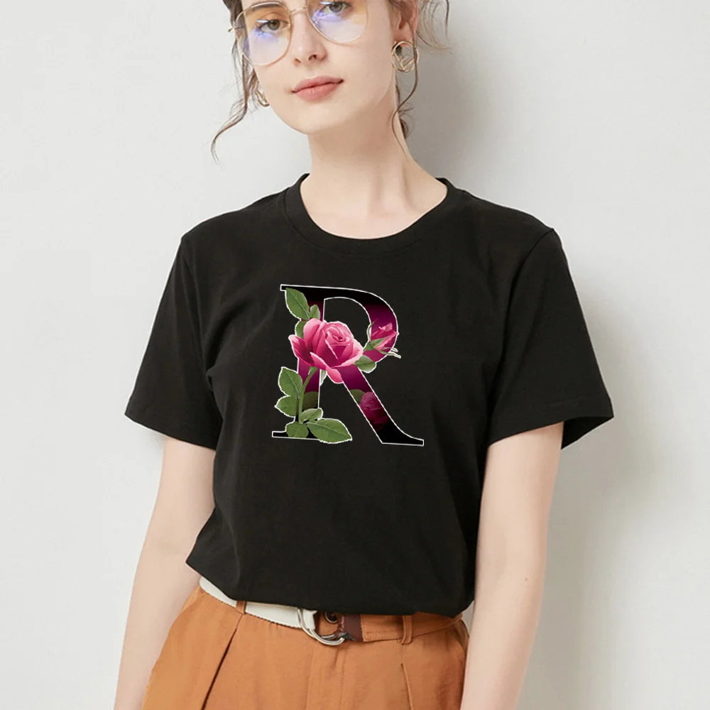 Gold Floral Letter Print Series Women Clothes Black T-Shirt Casual Tops Casual Round Neck Slim Fit Commuter Short Sleeves Tops