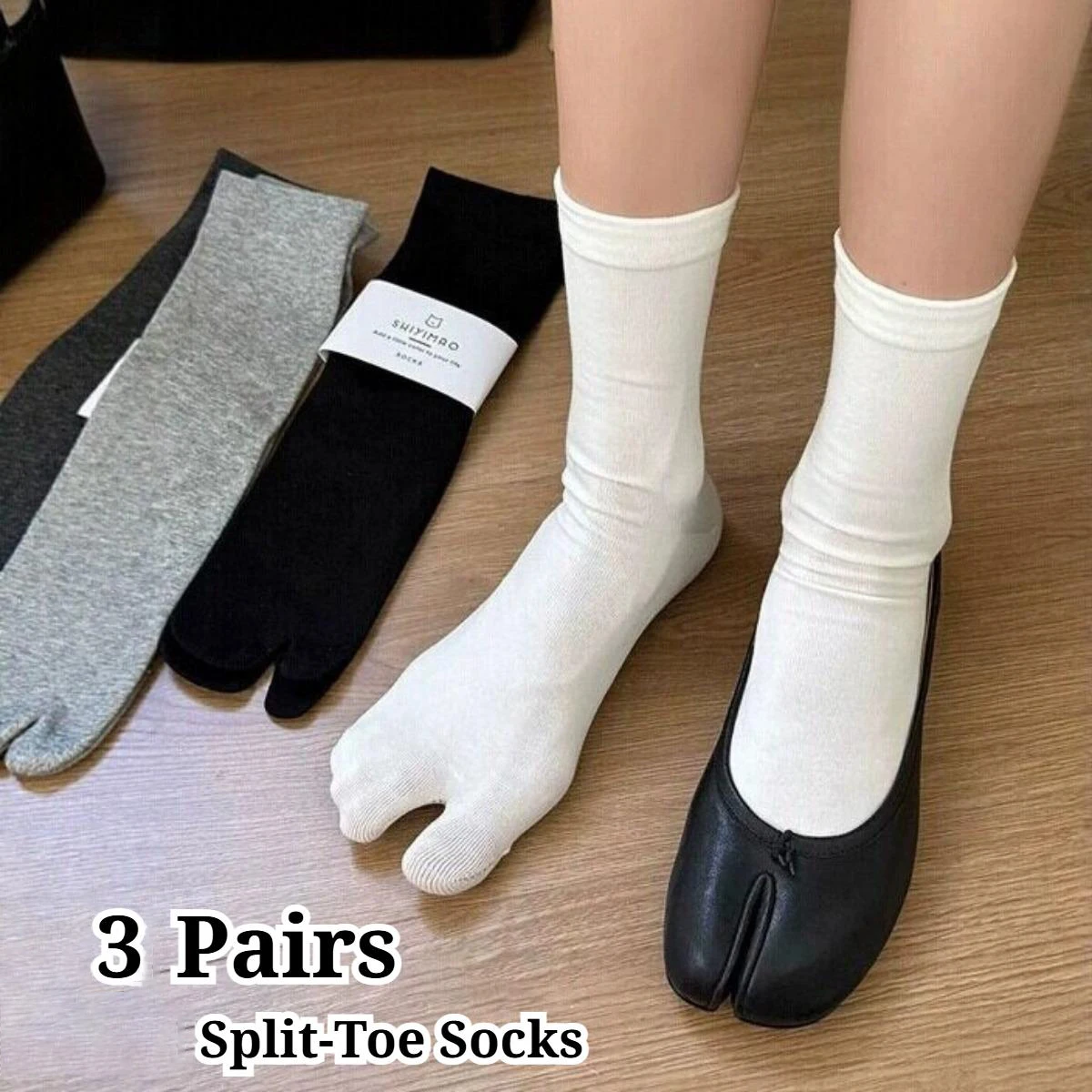 3 Pairs Women Cotton Blends Split Toe Socks Soft Stretchy Middle Tube Socks Casual Suitable for Flip Flops or Tabi Shoes