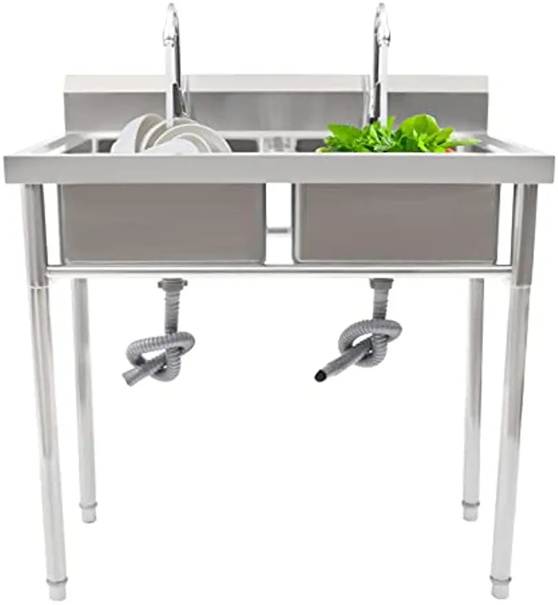 Commercia with Faucet 2 Compartment Free Standing Utility Sink with 2 Drainer for Garage Restaurant Laundry Room Outdoor