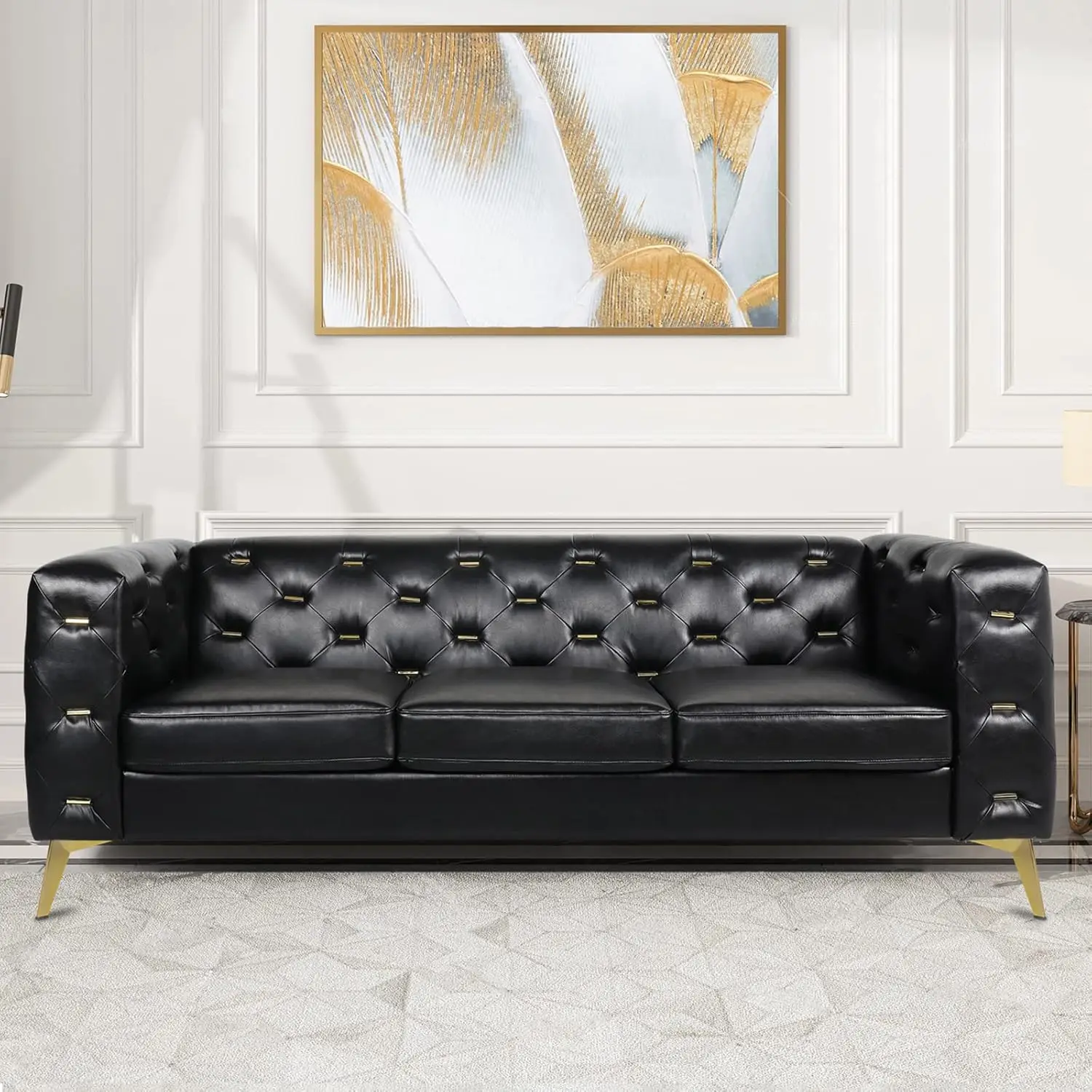 

Modern Chesterfield Sofa Leather, Tufted Upholstered PU Couch, Settee Sofa with High Arm and Golden Metal Legs, Couches