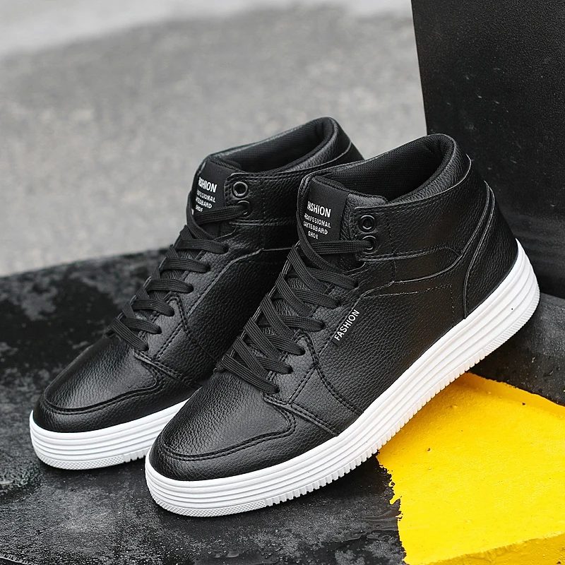 Fashion Platform Men White Sneakers Leather High Top Casual Sneakers Men Comfortable Lightweight Unisex Black Skateboard Shoes