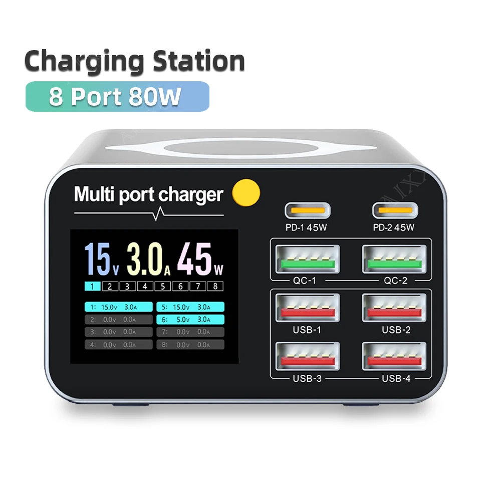 

80W/120W 8 Ports Charger Digital Display Desktop USB Type C With Wirelss Charger PD QC3.0 Quick Charger For Laptop Tablet Phone