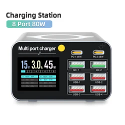 80W/120W 8 Ports Charger Digital Display Desktop USB Type C With Wirelss Charger PD QC3.0 Quick Charger For Laptop Tablet Phone