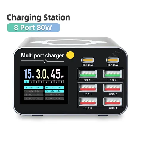 80W/120W 8 포트 충전기 디지털 디스플레이 데스크탑 USB 유형 C 무선 충전기 PD QC3.0 노트북 태블릿 전화 용 빠른 충전기