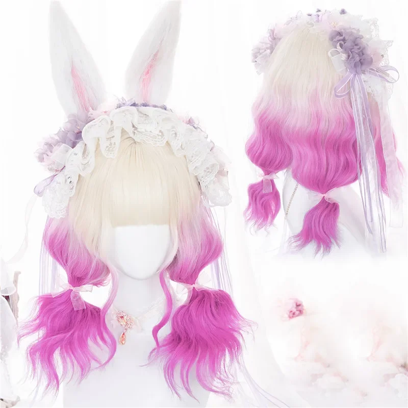 VICWIG Parrucca cosplay riccia di media lunghezza per capelli sintetici stile Lolita Beige sfumato rosa/verde con frangia per donna