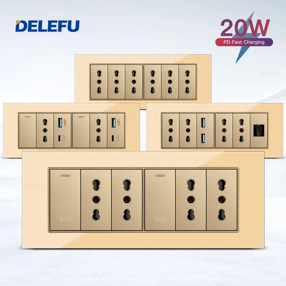 

Стеклянная панель DELEFU SC70, 195 мм, золотая, итальянская стандартная USB C-типа, настенная розетка для быстрой зарядки, переключатель для телевизора, телефона CAT5 CAT6