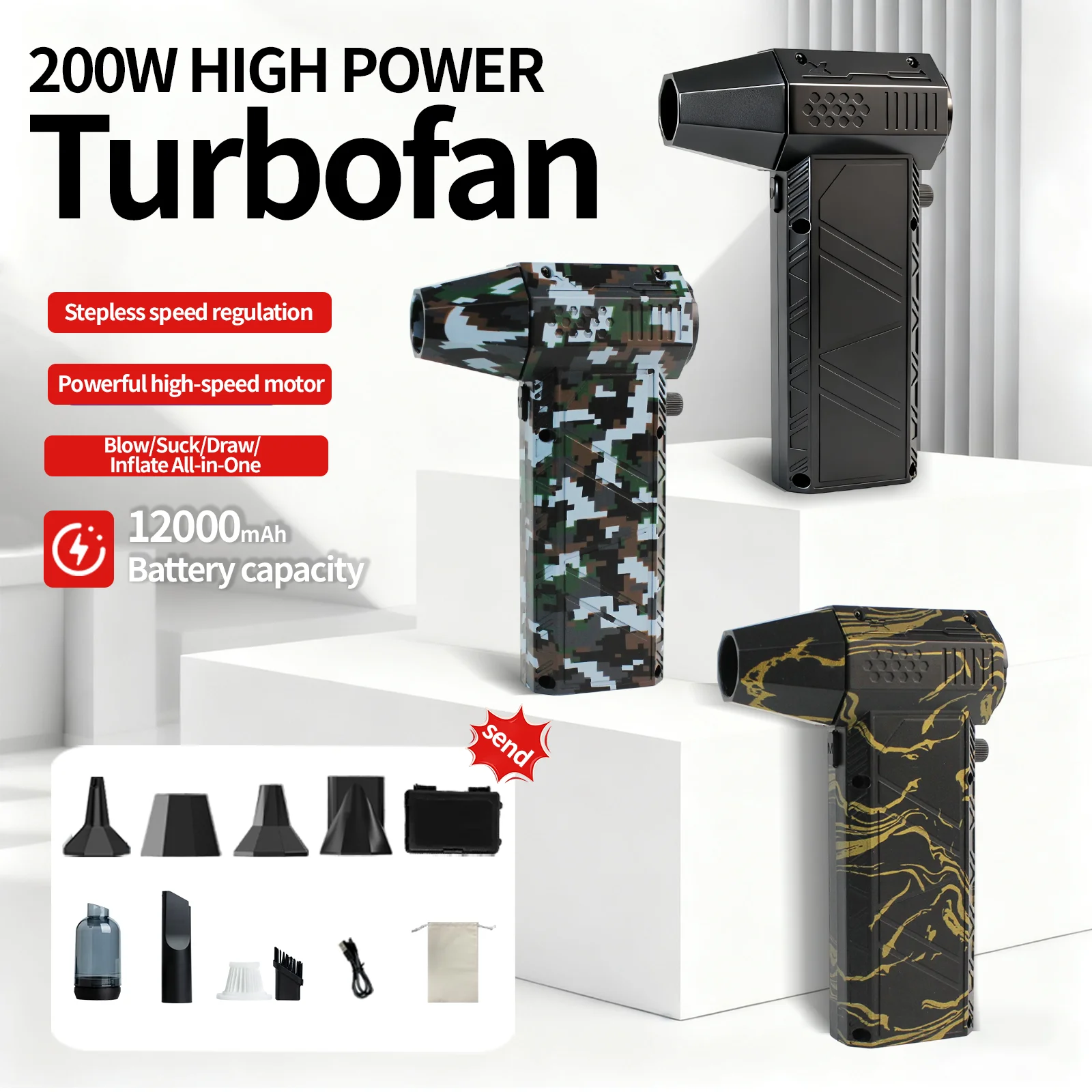 

X16Violent Fan 400000RPM Мощный воздуходувка Вакуумный пылесос Тип-C Зарядка Сильный ветер 53 м/с Бесщеточный турбоструйный вентилятор ﻿