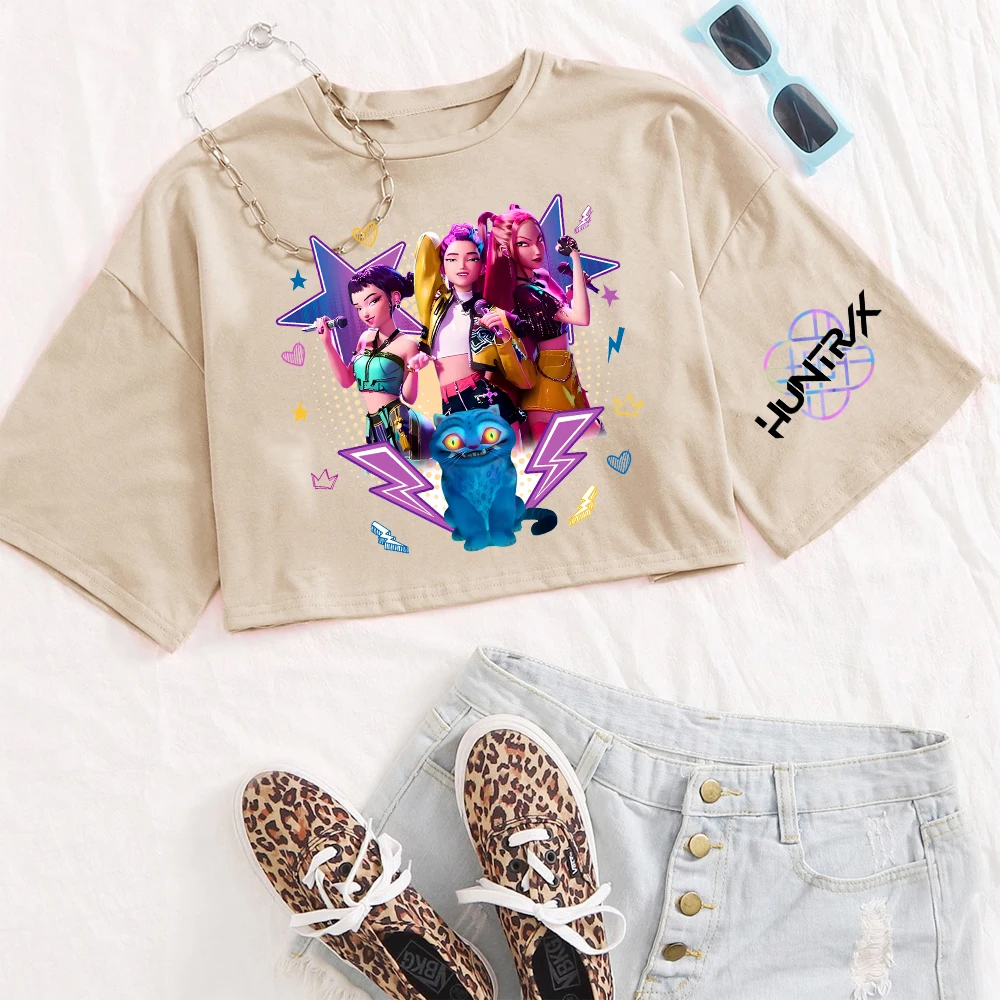 Kpop Demon Hunters Fanmerch Mira Rumi Zoey Huntrix Crop Tops regalo para fanáticos mujeres camisetas con cuello redondo