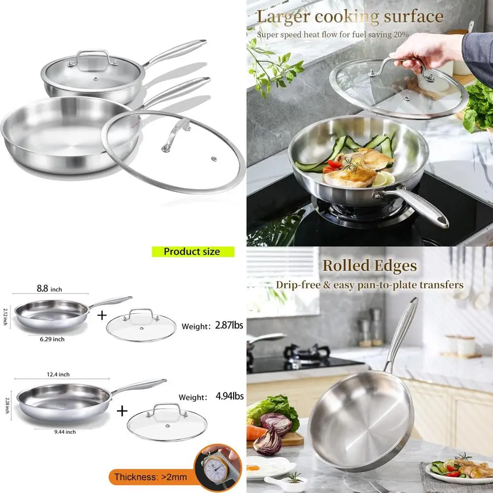 

Набор сковородок из нержавеющей стали с крышкой для индукционной готовки, сковороды шеф-повара 8 и 12 дюймов, большие кастрюли и сковороды Kitchen Cookwa