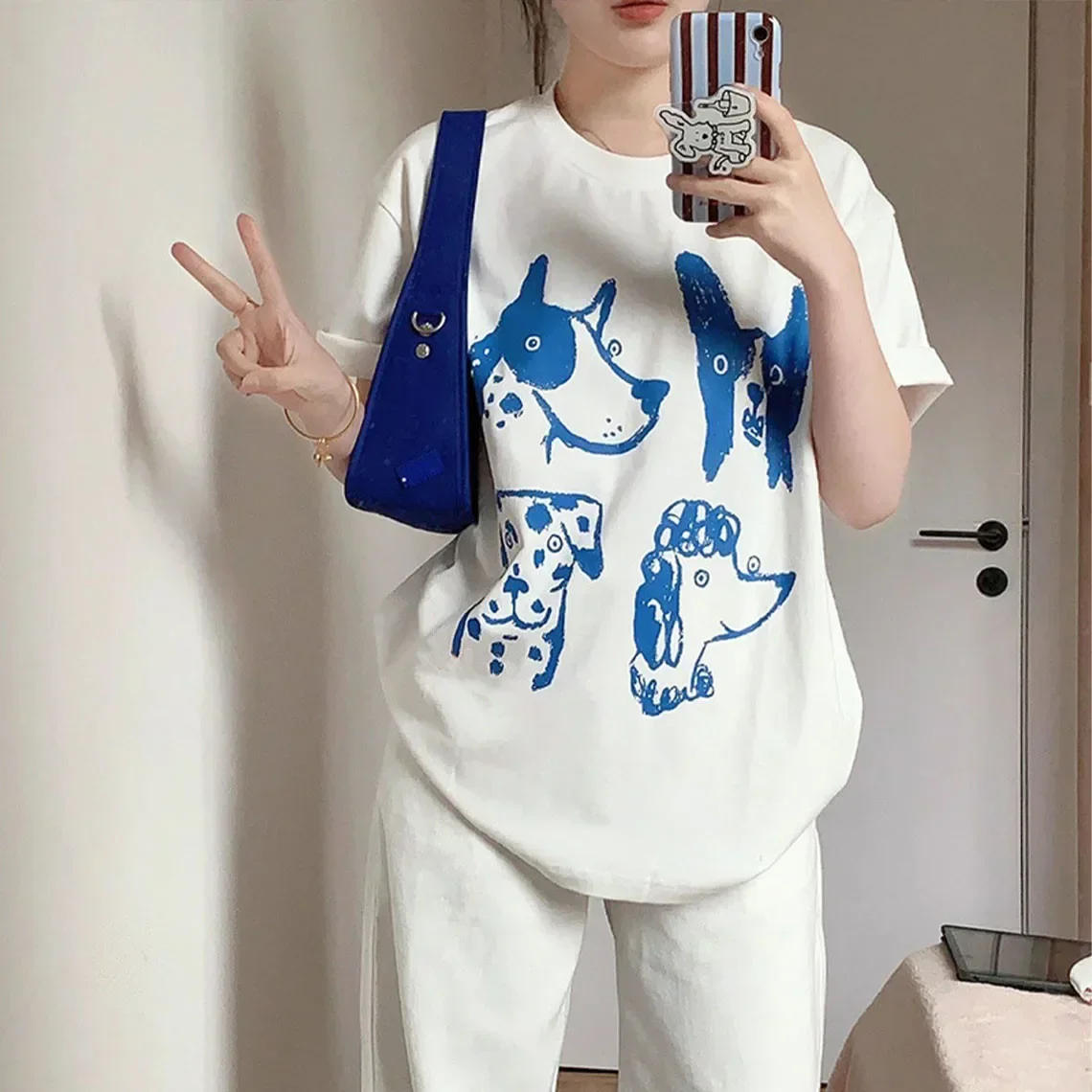 

Cartoon Dogs Printing Kpop White T Shirts Funny Women Short Sleeve Loose Casual Tops Crewneck Dog Lover's Tees Streetwear Y2k