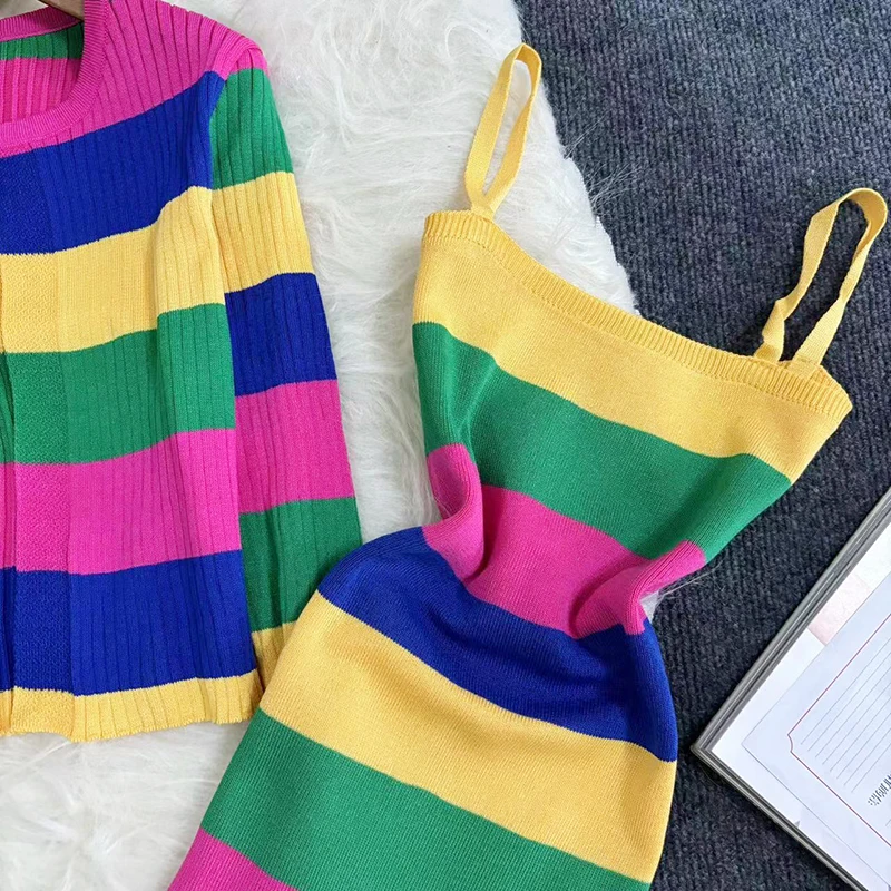 2024 New Summer Rainbow Striped Two Piece Set Spring New Fashion Sweet Slim Chic Outfits Knitted Coats Cami Dresses