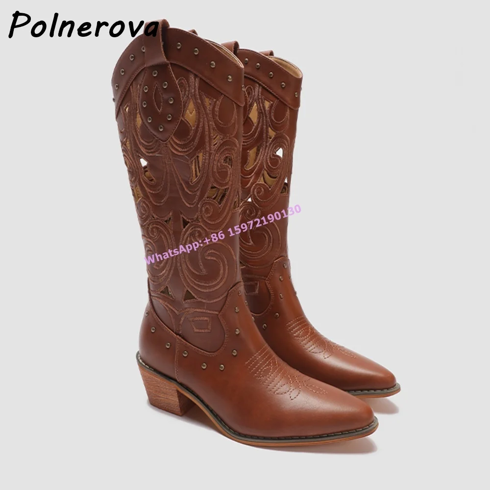 

Hollow Rivet Embroidery Boots Pointy Toe Chunky Heels Slip On Sewing Leather Knee High Boots Retro Western Cowboy Knight Boots