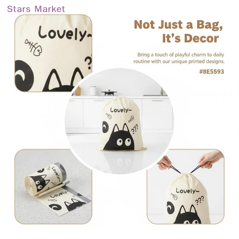 New 50Pcs/Roll 45x45cm Cute Cat Fishbone Printed Tear-Free Drawstring Trash Bags Disposable Garbage Bags