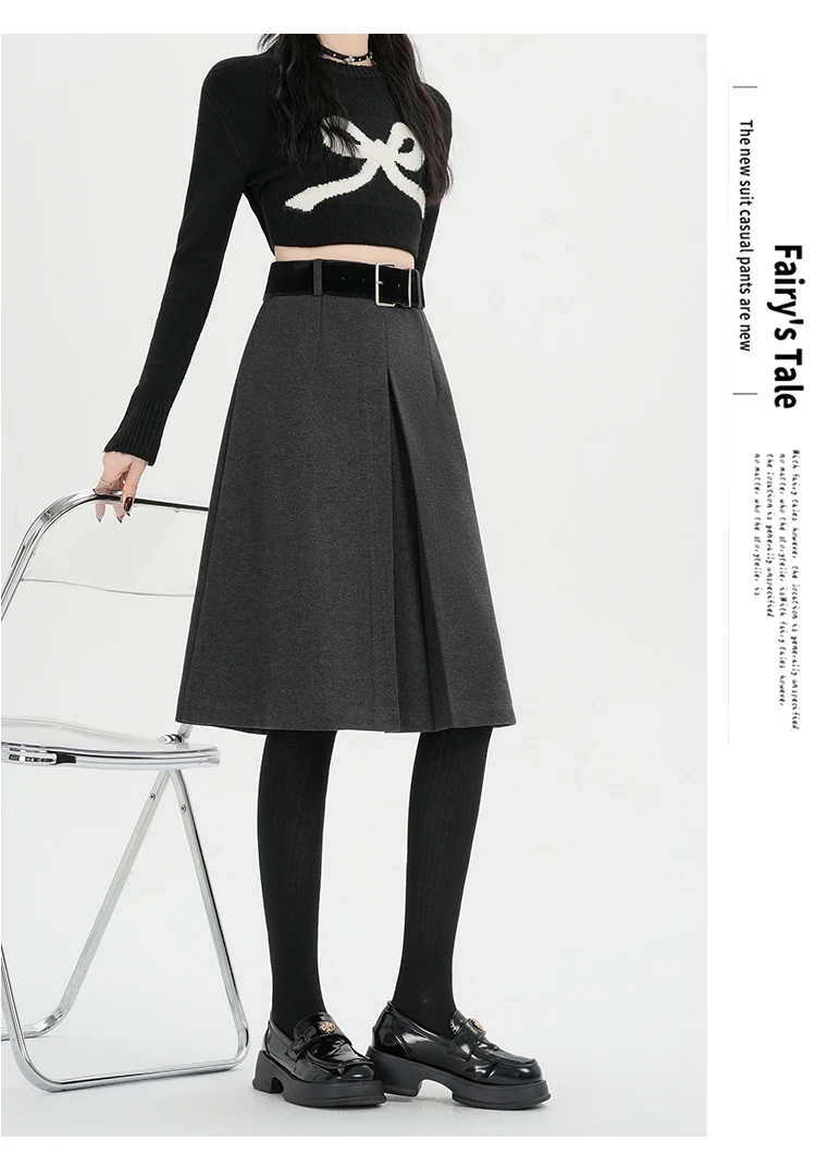 Hochgeschnittener Rock für Damen, Herbst/Winter 2026, Neuheit, Wollrock für Damen, Grau oder Schwarz, A-Linien-Rock für Damen mit Gürtel, Bestseller – Detail 18