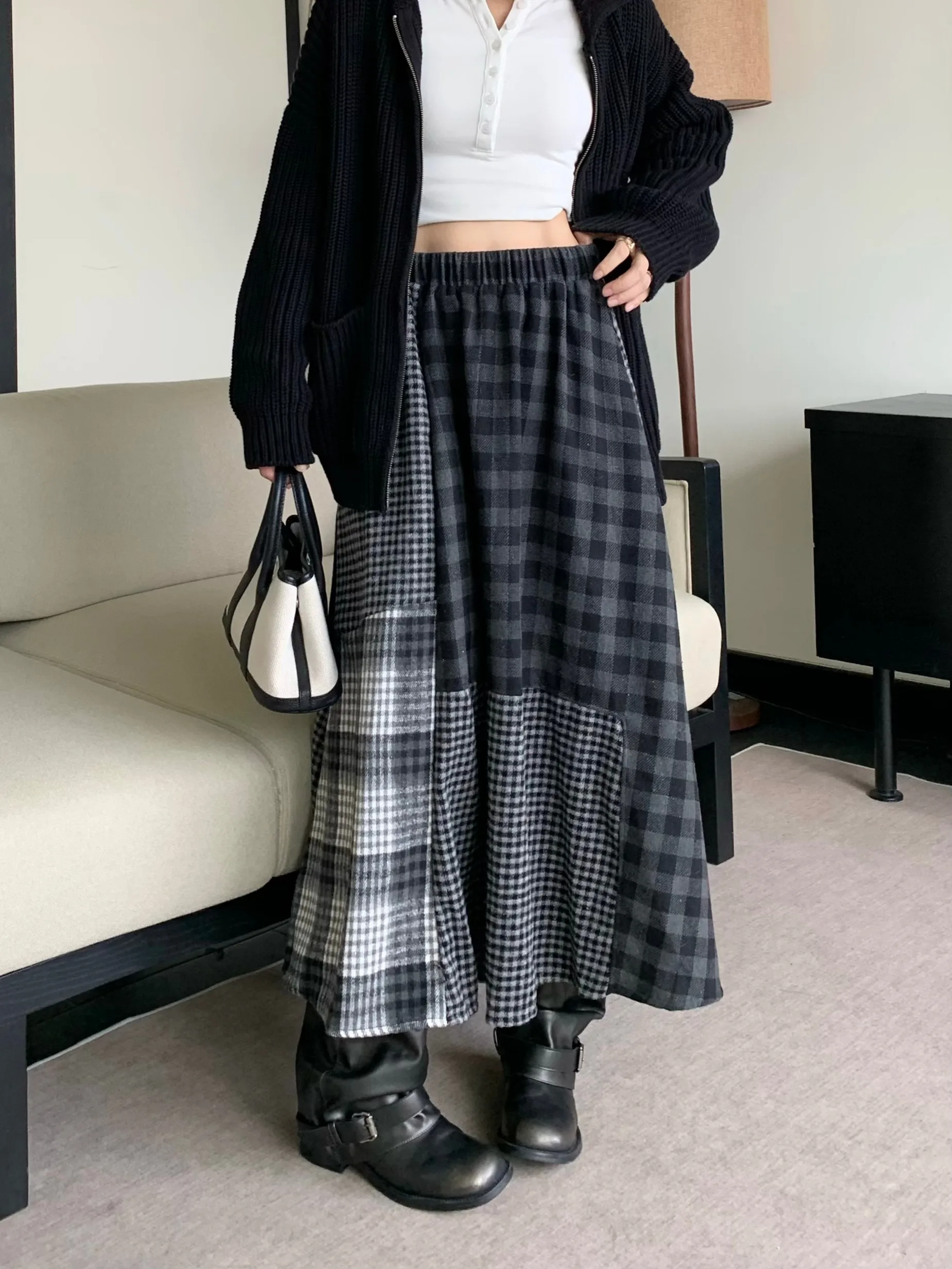 تنورة نسائية ريترو Y2k منقوشة من الصوف ميدي تنورة خريفية مرنة الخصر تنورة غير رسمية على شكل حرف a Harajuku Niche Preppy متعددة الاستخدامات