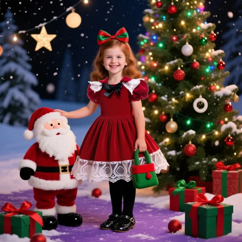 

Girls Christmas Cosplay Costume Princess Dress Bag Headwear Suit Elegant Performance Gown for Birthday Party Xmas Holiday Outfit