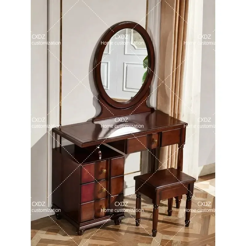 Solid Wood Dresser with Mirror and Stool Modern Simple Retro Storage Makeup Table for Small Apartment Bedroom